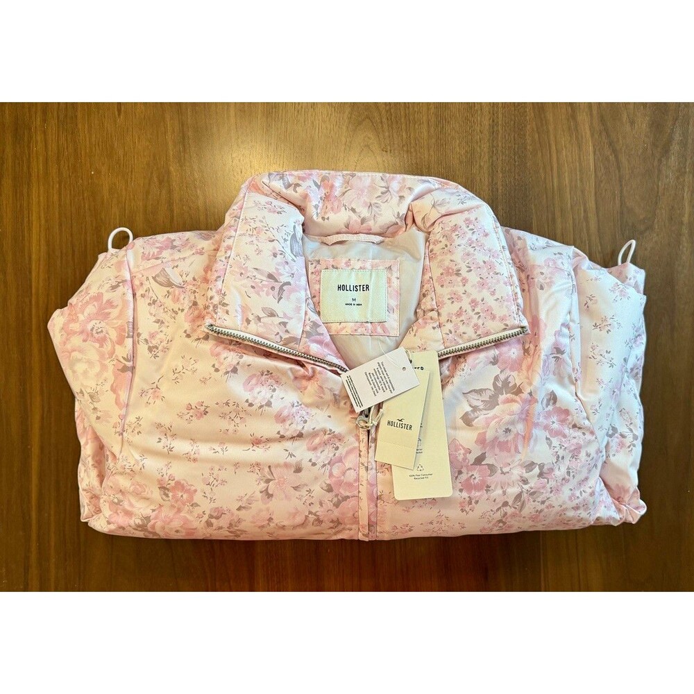 Hollister Full Zip Floral Puffer Jacket Pink Women's M Wind/Water Resistant
